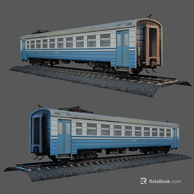 Classic Blue And White Passenger Train Carriage On Railway Tracks With Exterior Details 3d model 