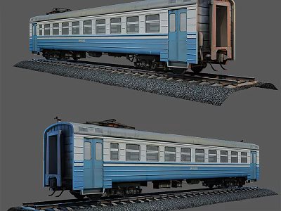 Classic Blue And White Passenger Train Carriage On Railway Tracks With Exterior Details 3d model