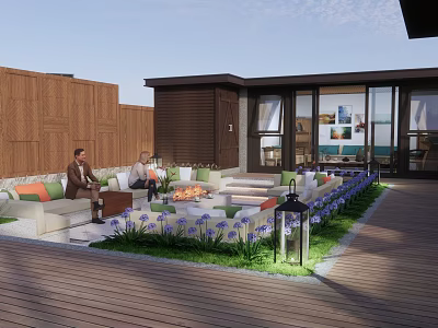 Roof Garden Outdoor Retreat With Seating Fire Pit Green Plants And Wooden Deck 3d model
