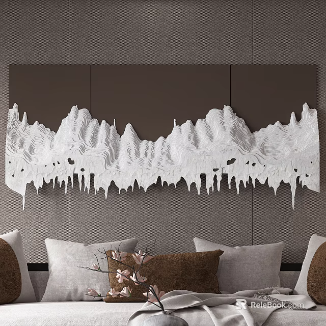 Modern White Mountain Design Wall Decor with 3D Texture on Gray Wall 3d model 