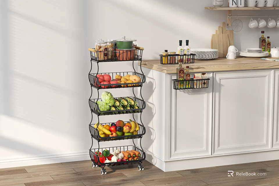 Multilayer Black Metal Kitchen Storage Rack With Wheels For Fruits Vegetables And Spices 3d model 