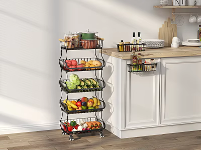 Multilayer Black Metal Kitchen Storage Rack With Wheels For Fruits Vegetables And Spices 3d model