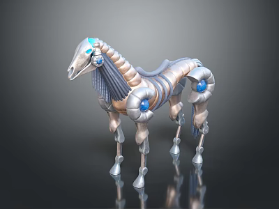 3D Rendered Egyptian Inspired Mechanical Horse With Silver Metallic Body And Blue Glowing Accents 3d model