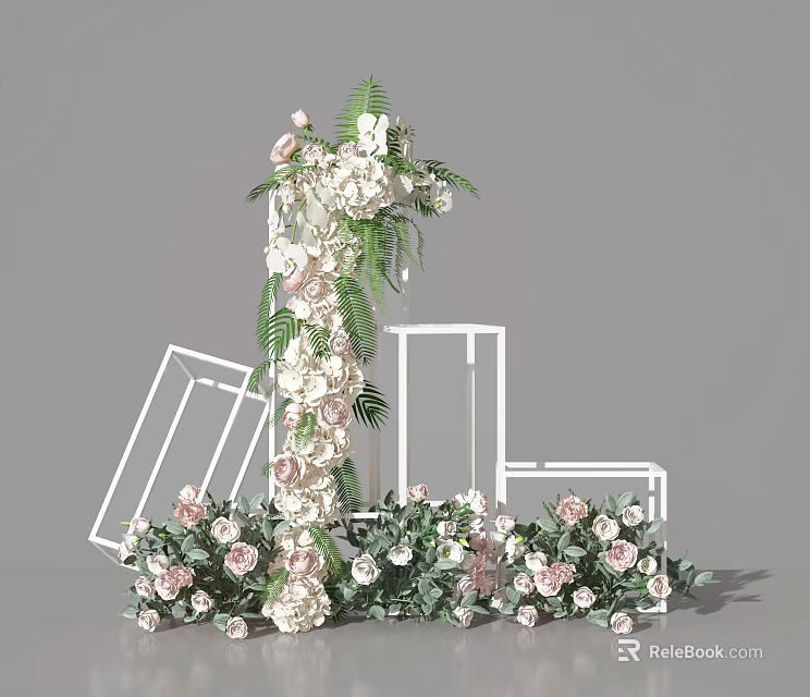 Elegant Floral Arrangement With White Pink Flowers Green Leaves And White Geometric Frames 3d model 