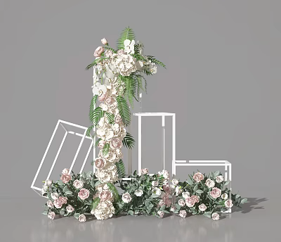 Elegant Floral Arrangement With White Pink Flowers Green Leaves And White Geometric Frames 3d model