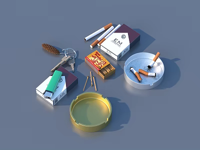 Daily Living Essentials With Ashtrays Cigarettes Lighter Matches And Pine Cone Keychain 3d model