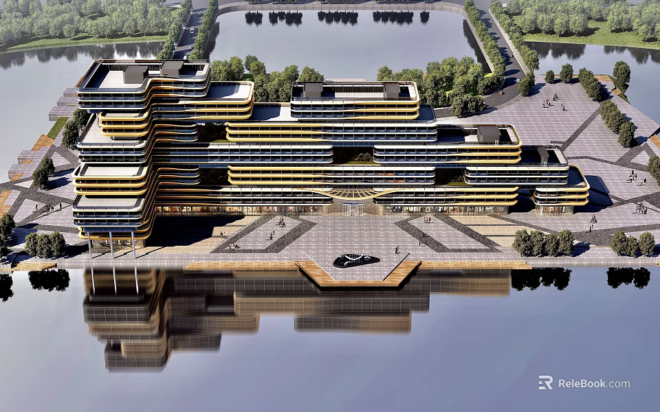 Modern Architectural Design With Multi Layered Structure And Water Reflection On Plaza 3d model