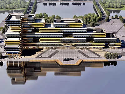 Modern Architectural Design With Multi Layered Structure And Water Reflection On Plaza 3d model