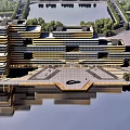 Modern Architectural Design With Multi Layered Structure And Water Reflection On Plaza 3d model