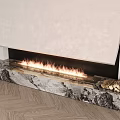 Modern Fireplace Interior With Burning Flames And Marble Mantel On Wooden Floor