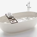 Modern White Oval Bathtub with Water Tray Folded Towels Toiletries and Shower Fixture