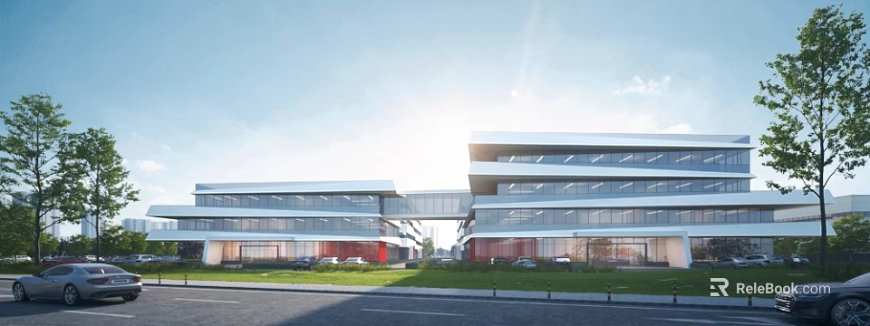 Modern Office Building Exterior With Glass Facade Connected Wings Green Lawn And Parking Area 3d model 