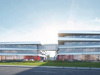 Modern Office Building Exterior With Glass Facade Connected Wings Green Lawn And Parking Area 3d model