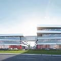 Modern Office Building Exterior With Glass Facade Connected Wings Green Lawn And Parking Area