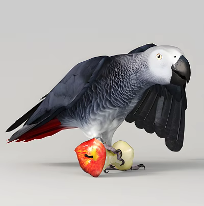Blue Gray Parrot with Spread Wings Holding a Red and Yellow Apple 3d model