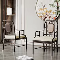 Traditional Chinese Armchair With Wooden Frame Rattan Backrest And Beige Cushion