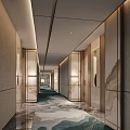 Modern Hotel Corridor With Marble Walls Blue Green Carpet And Recessed Ceiling Lights