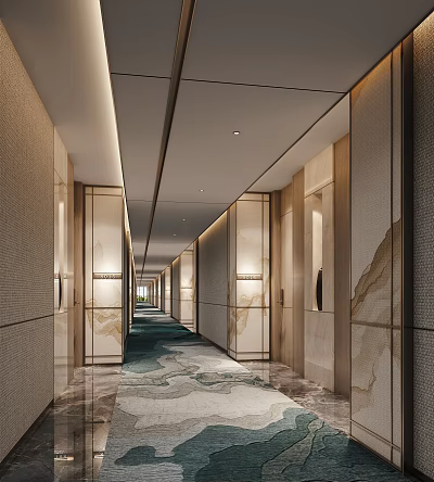 Modern Hotel Corridor With Marble Walls Blue Green Carpet And Recessed Ceiling Lights 3d model