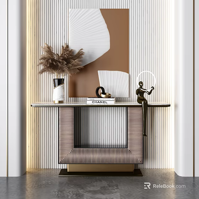 Stylish Console Table With Striped Wall Background And Pampas Grass Vase Sculpture 3d model