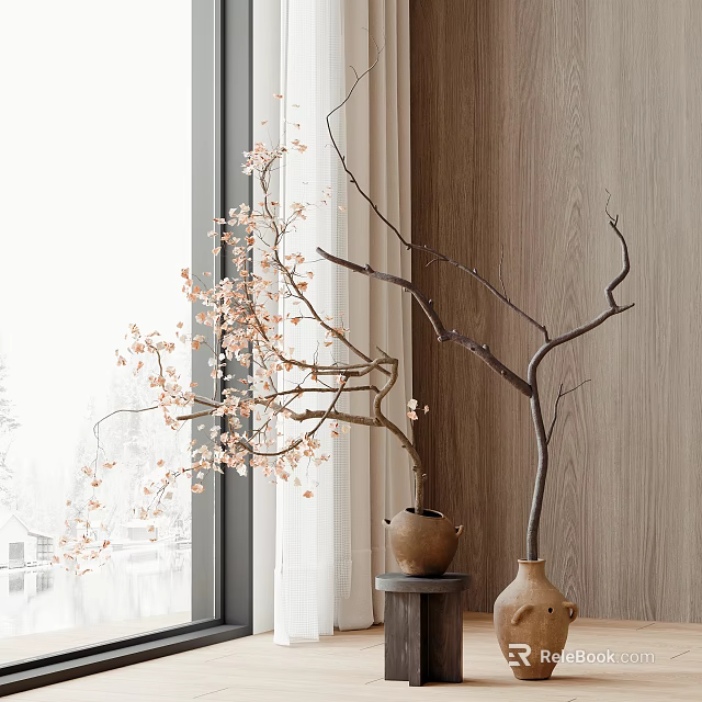 Two Elegant Ceramic Vases with Pink Blossom Branches by Wooden Wall and Window 3d model 