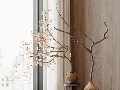 Two Elegant Ceramic Vases with Pink Blossom Branches by Wooden Wall and Window 3d model