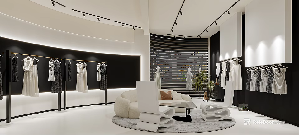 Modern Clothing Store Interior With Mannequins Clothes Display Sofa Rug And Lighting 3d model 