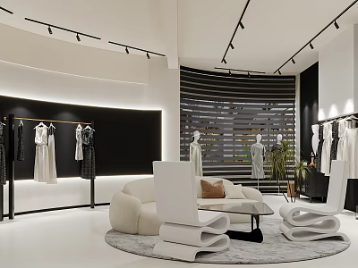 Modern Clothing Store Interior With Mannequins Clothes Display Sofa Rug And Lighting 3d model