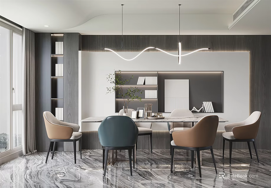 Modern Open Restaurant Interior With Marble Dining Table Multi Colored Chairs Bookshelf And Pendant Lights 3d model 