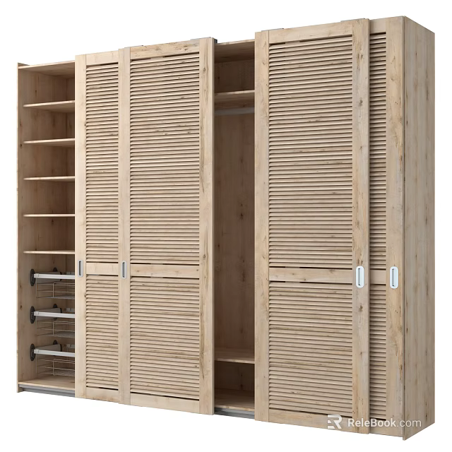 Modern Light Wood Wardrobe With Slatted Doors And Multiple Internal Storage Compartments 3d model 