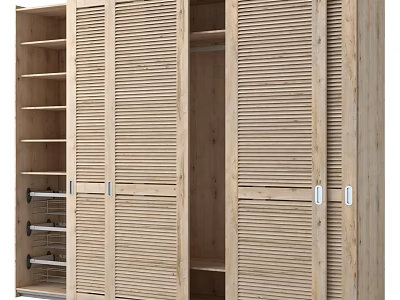 Modern Light Wood Wardrobe With Slatted Doors And Multiple Internal Storage Compartments 3d model