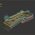 3D Model of Traditional Japanese Castle Featuring Stone Walls Towers and Green Courtyard