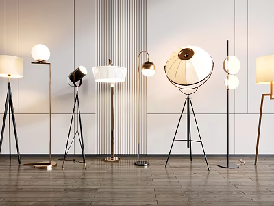 Modern Floor Lamps With Various Metal Stands And Fabric Shades For Home Interior 3d model