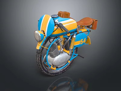 Vintage Blue And Yellow Motorcycle With Brown Seat Storage Bag Number 54 3d model