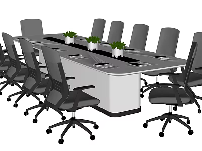 Modern Conference Table with Ergonomic Office Chairs and Potted Green Plants in Meeting Room 3d model
