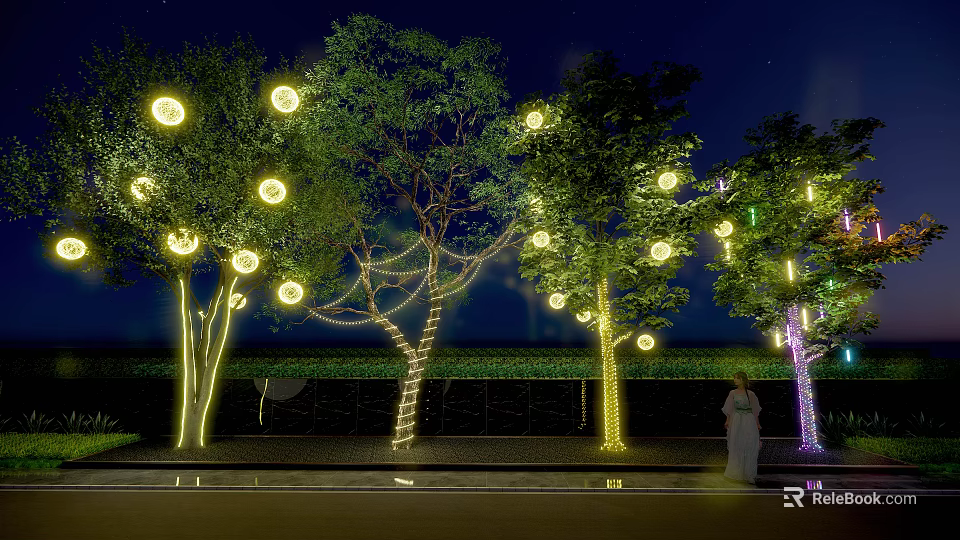 Garden Night Decor With Illuminated Trees And Hanging Round Lights 3d model 