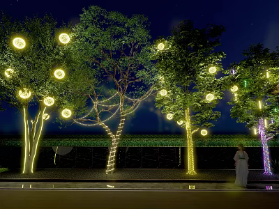 Garden Night Decor With Illuminated Trees And Hanging Round Lights 3d model