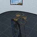 Golden Metal Tricycle Shaped Decorative Ornament Set With Intricate Baskets On Black Glossy Floor