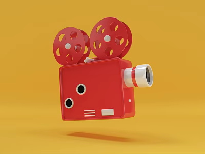 Projection Monitoring Device With Red Body Dual Reels And White Red Lens On Yellow Background 3d model