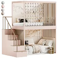 Stylish Kids Bunk Bed with Stairs Gold Railings Safety Net and Floral Wallpaper