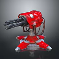 Red Mechanical Weapon with Multiple Barrels and Sturdy Metallic Base Structure 3d model