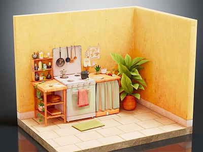 Cartoon Kitchen Scene With Yellow Walls White Green Cabinet Wooden Shelf And Potted Plant 3d model