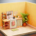 Cartoon Kitchen Scene With Yellow Walls White Green Cabinet Wooden Shelf And Potted Plant