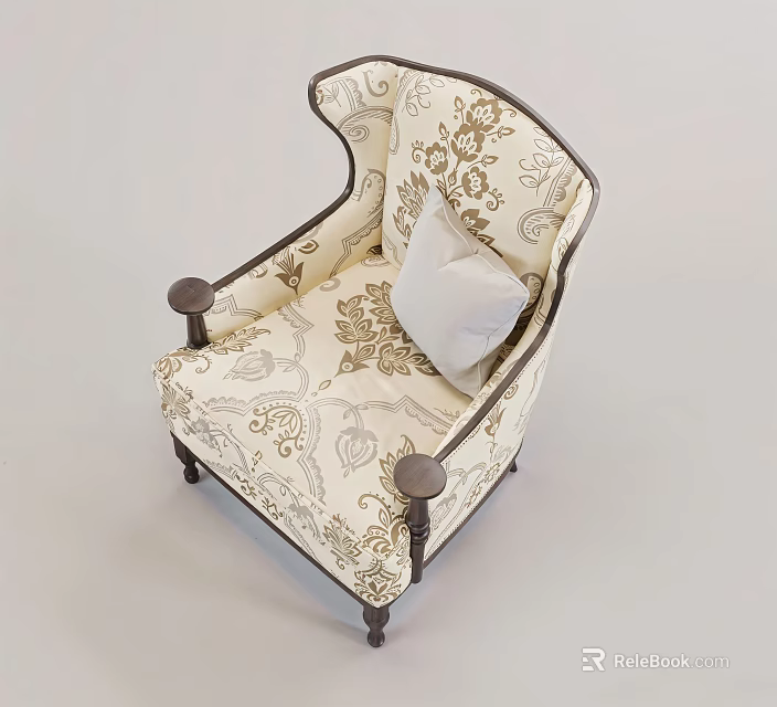 Traditional Leisure Chair With Paisley Pattern Beige Upholstery And Dark Wooden Armrests 3d model 