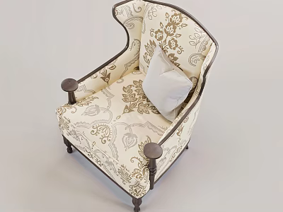 Traditional Leisure Chair With Paisley Pattern Beige Upholstery And Dark Wooden Armrests 3d model