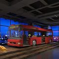 Unique Restaurant Interior With Red Bus Large Windows And Night City View 3d model