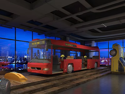 Unique Restaurant Interior With Red Bus Large Windows And Night City View 3d model