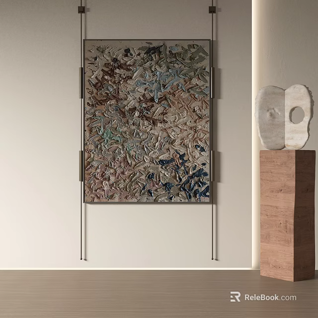 Abstract Painting Hanging On Light Colored Wall With Abstract Sculpture On Wooden Pedestal 3d model 