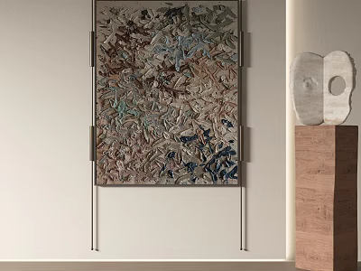 Abstract Painting Hanging On Light Colored Wall With Abstract Sculpture On Wooden Pedestal 3d model