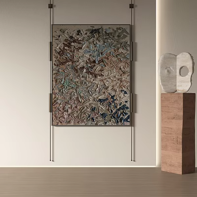 Abstract Painting Hanging On Light Colored Wall With Abstract Sculpture On Wooden Pedestal 3d model