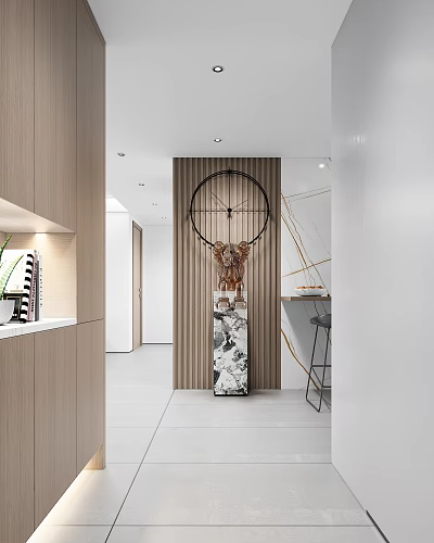 Modern Living and Dining Area Interior With Wooden Wall Circular Decor And Marble Pillar 3d model